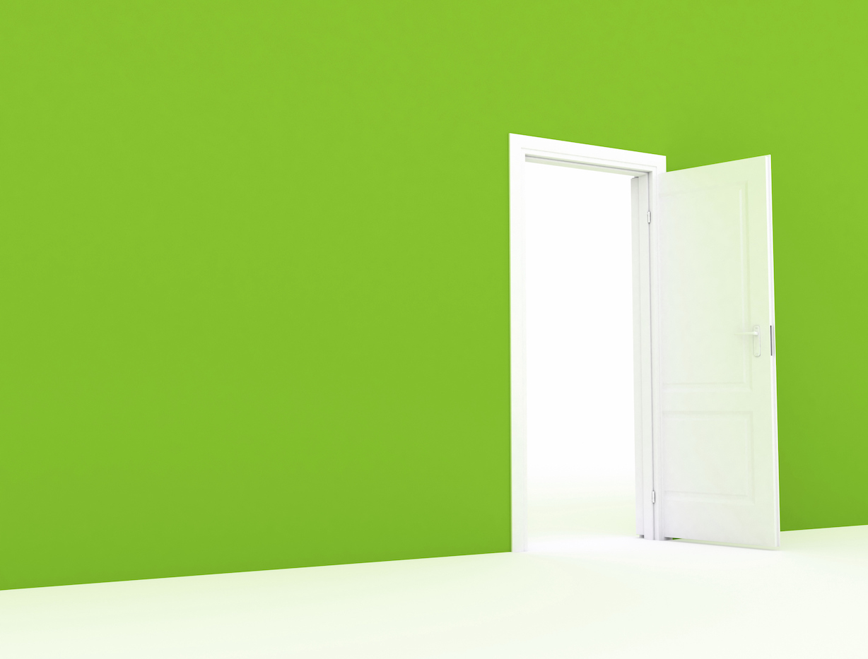 Green wall with white open door, illustration.