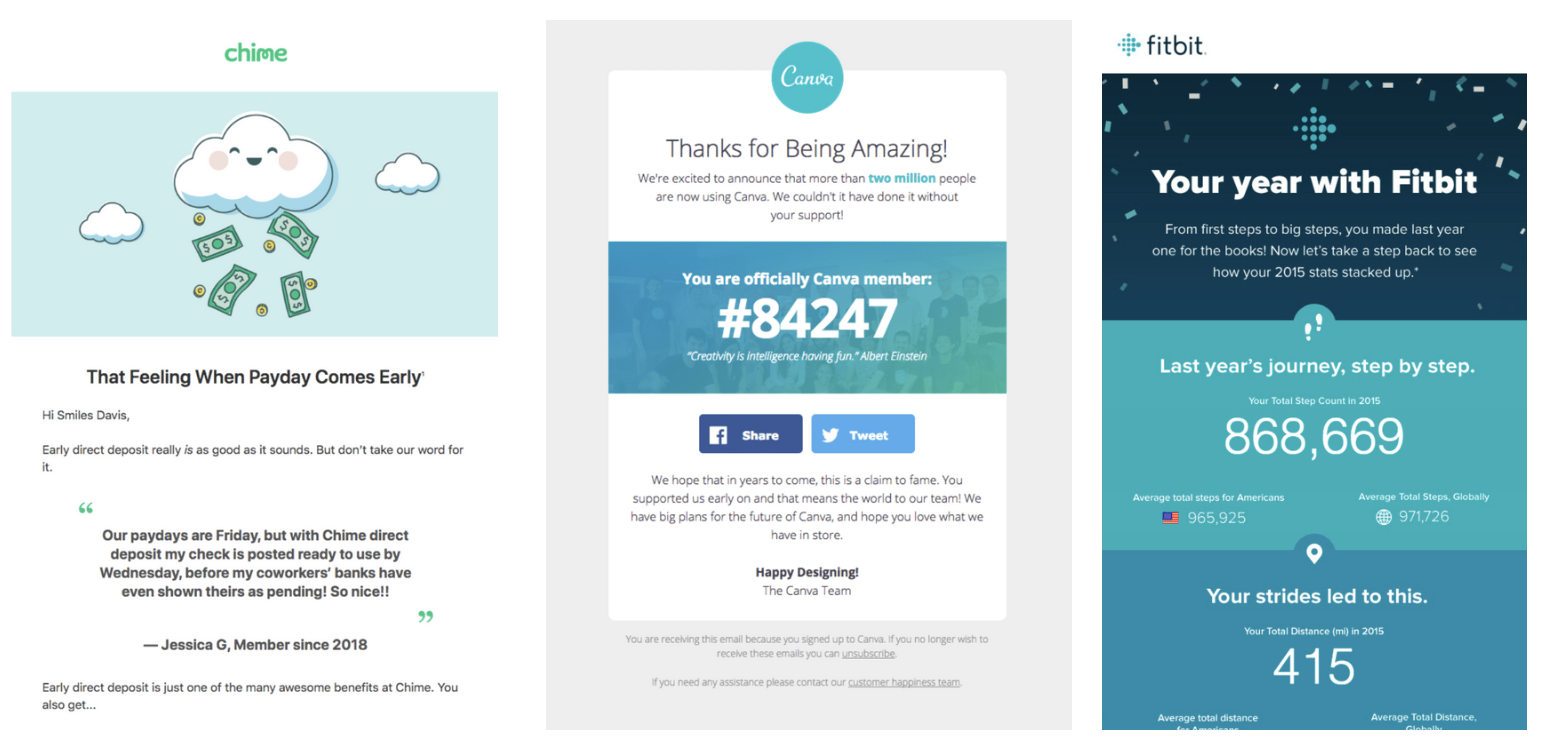 Example of Canva, Chime and Fitbit using in-app channels to promote testimonials