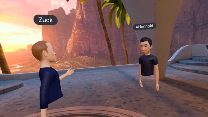 Los avatares de Zuckerberg y Honnold hablando en un entorno de Horizon Home