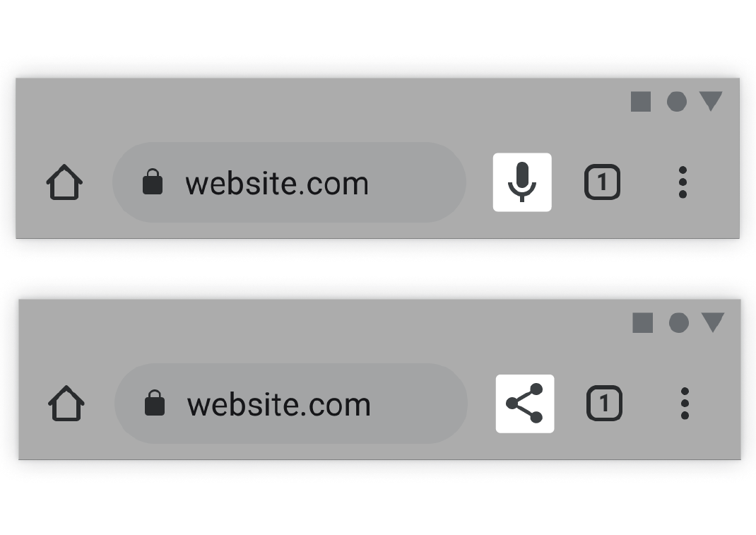 A Chrome browser with a highlighted square around an icon to the right of the address bar. At the top is a microphone icon, and at the bottom is a share icon.