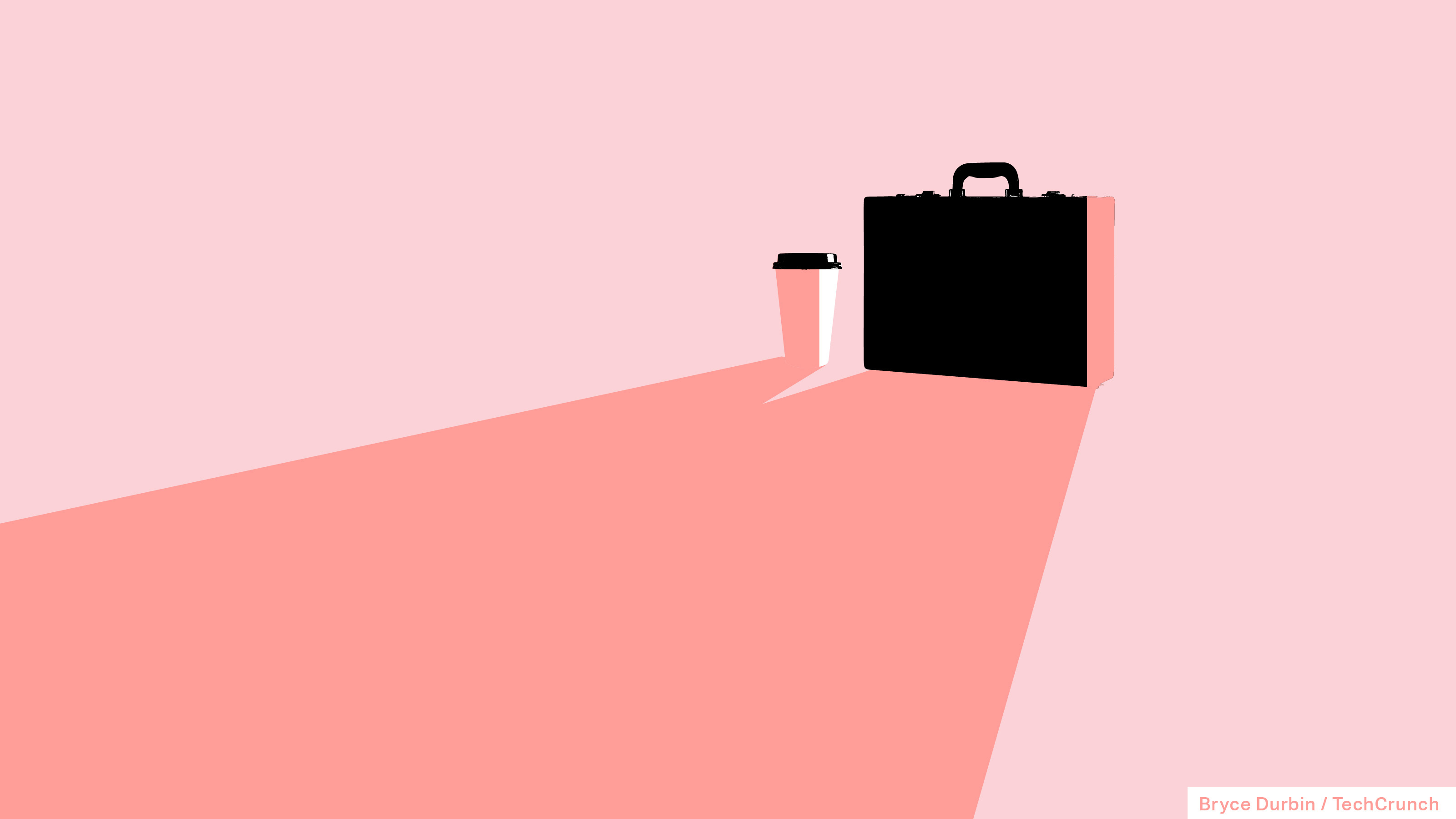 A cup of coffee and a briefcase in millennial pink to depict the rise of the "girlboss" term.