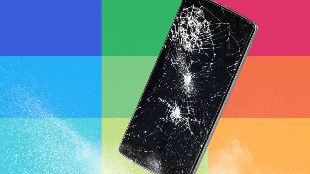 a cracked phone with IRL colorful grid background