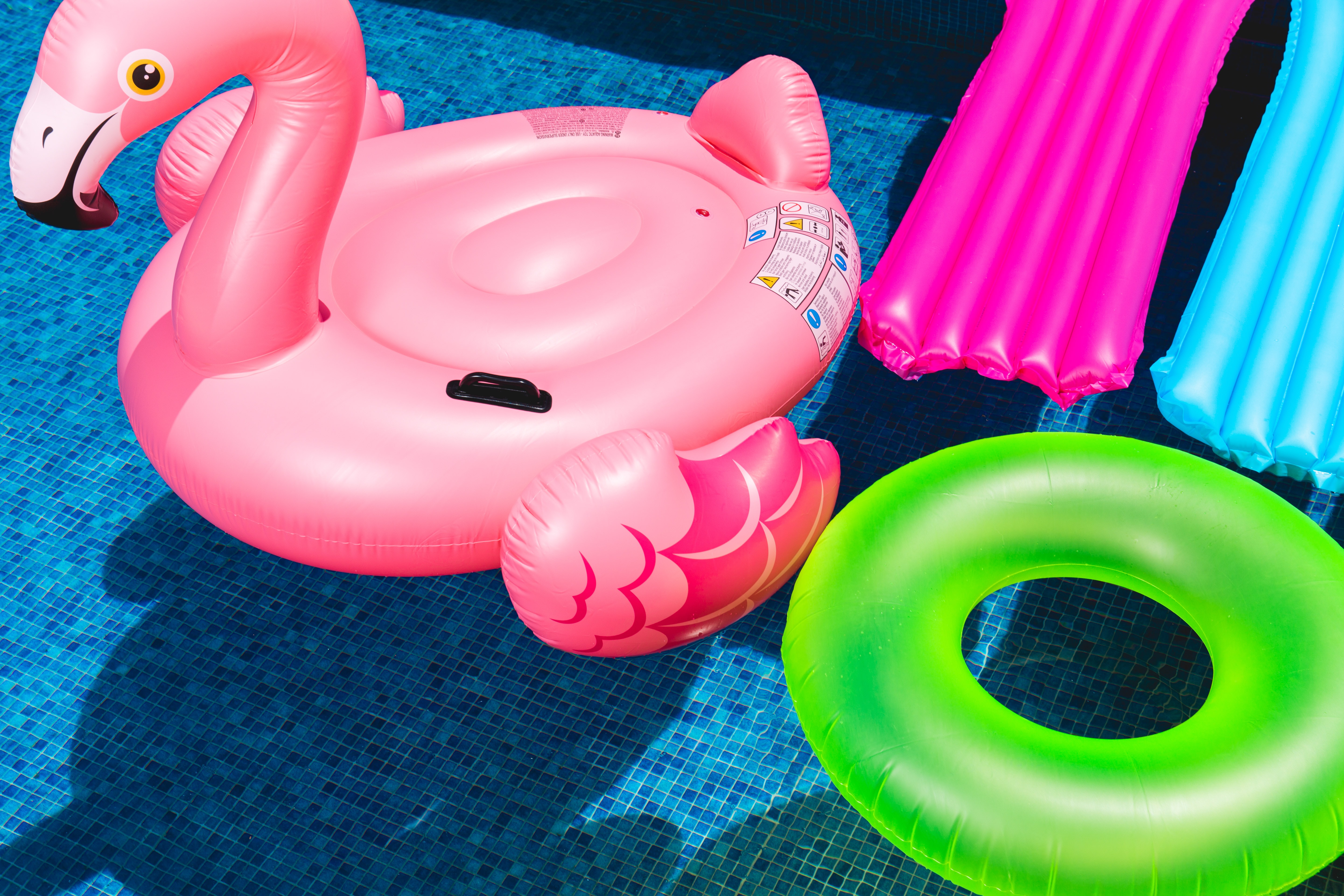 Pool inflatable toys sitting on top of the pool!