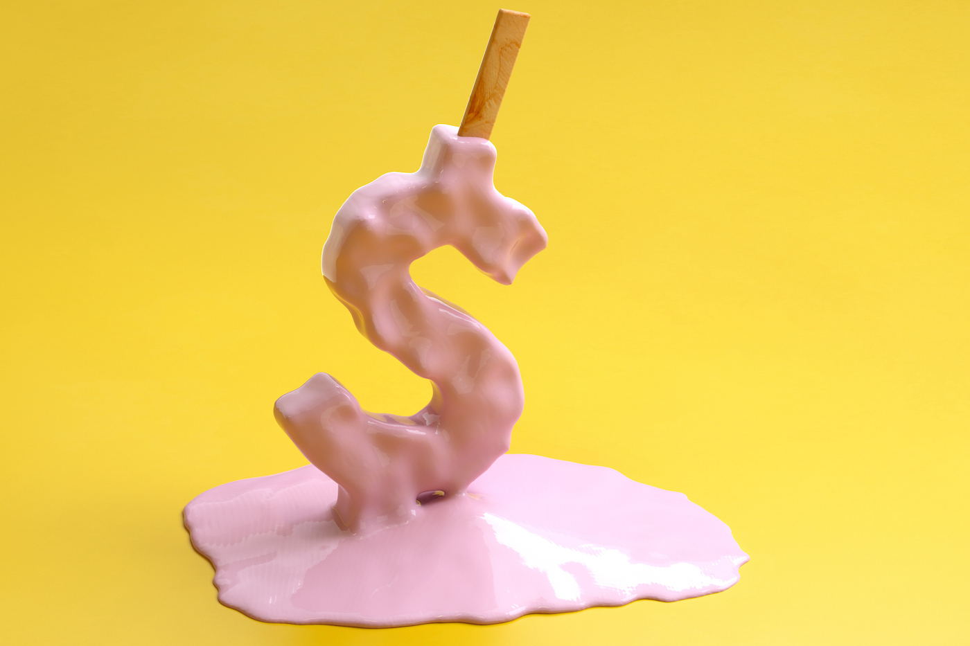 Digitally generated image of a pink candy in the shape of a DOLLAR sign melting on a yellow background.  Inflation concept.