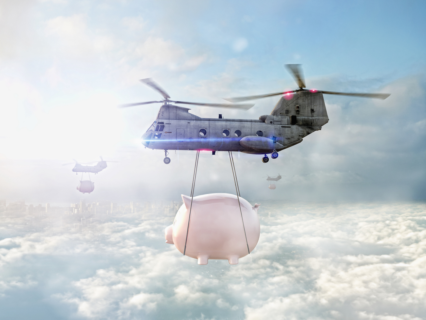 A helicopter carrying a piggy bank above the clouds