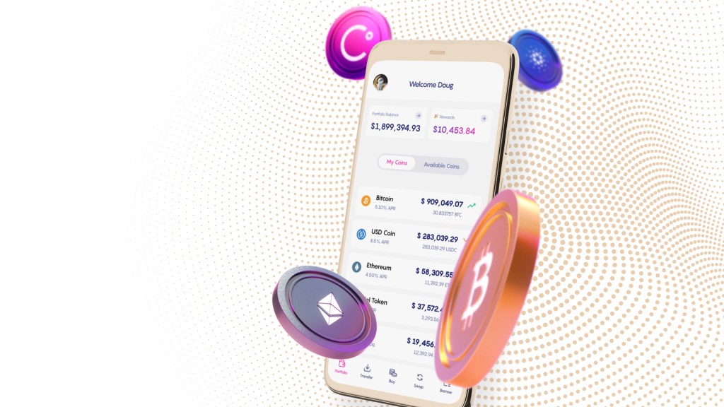 celsius app on a phone surrounded by cryptocurrency coins