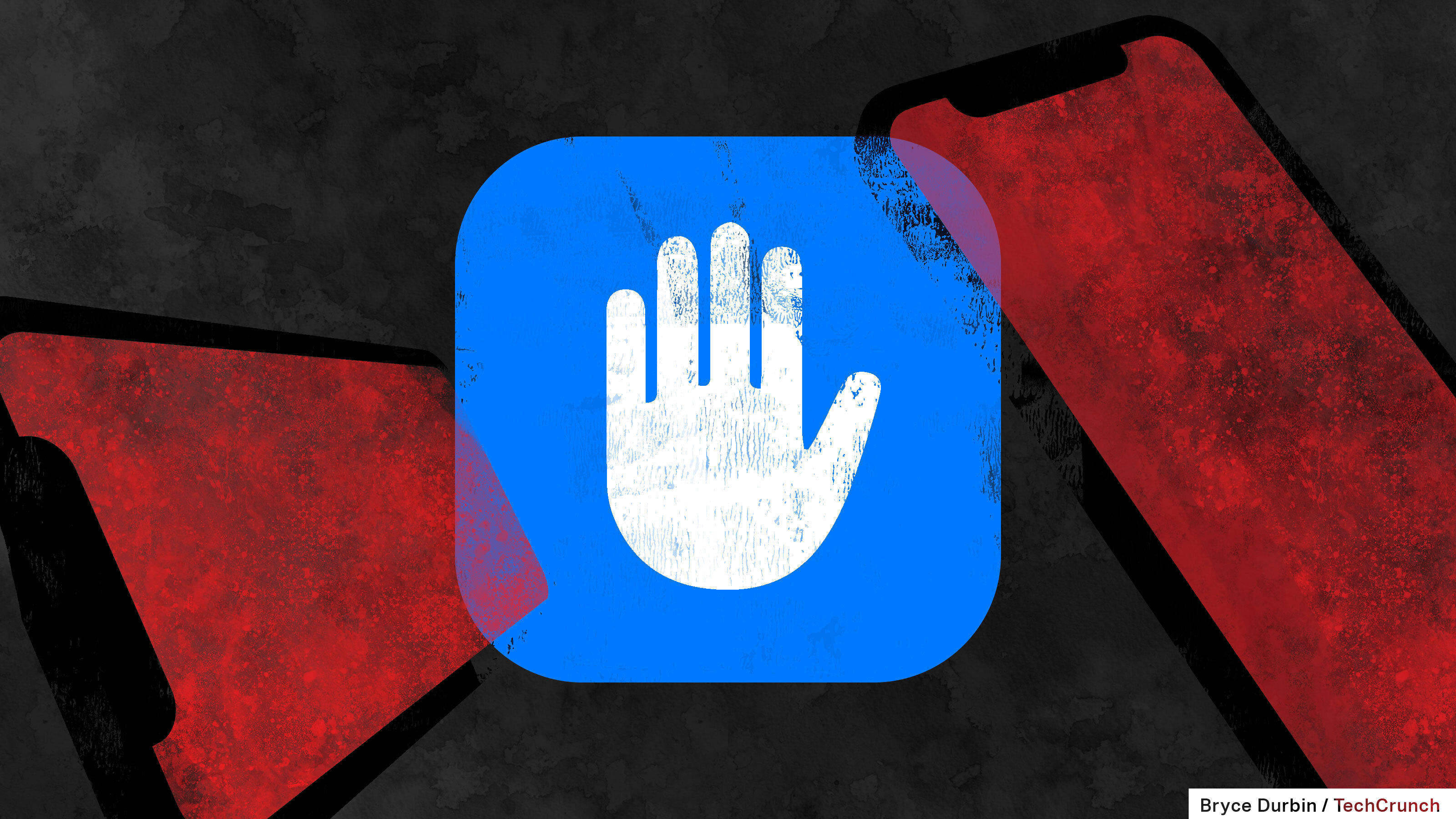 Una ilustración de una mano blanca en un cuadrado azul con esquinas redondeadas sobre un fondo con iPhones.