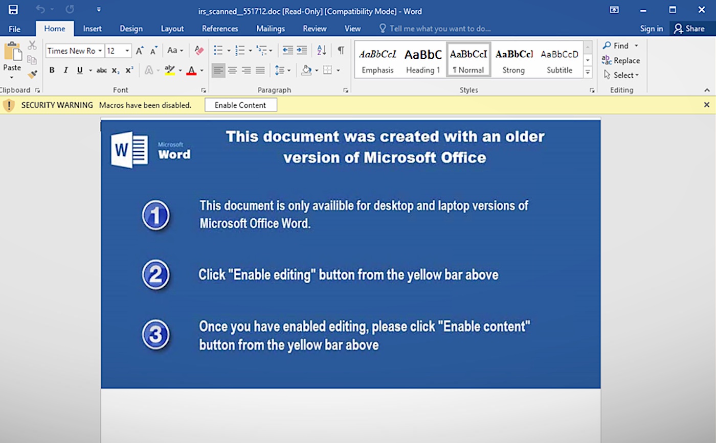 A screenshot of a Microsoft Word document with a malicious macros embedded as part of an IRS-themed malware campaign.