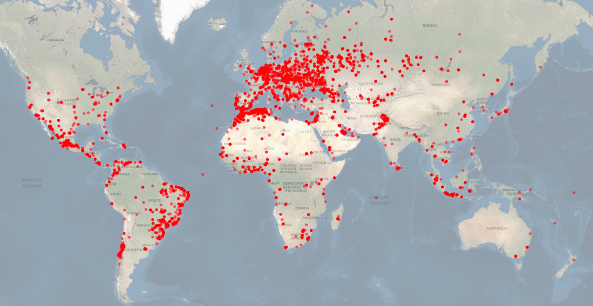 Dots on a map representing Micodus users
