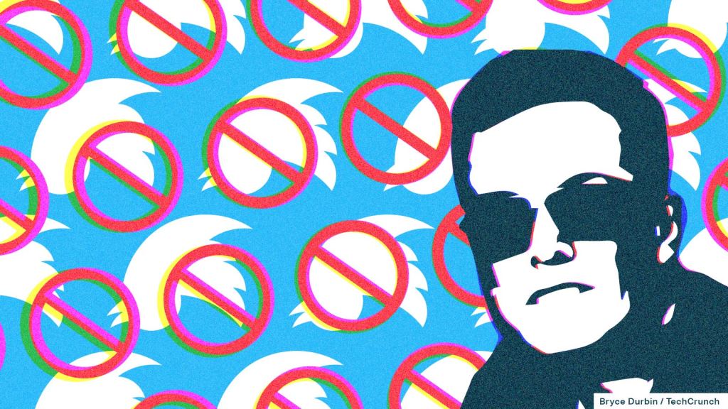 illustration of Elon Musk; background is a pattern of the twitter logo and the "general prohibition" sign