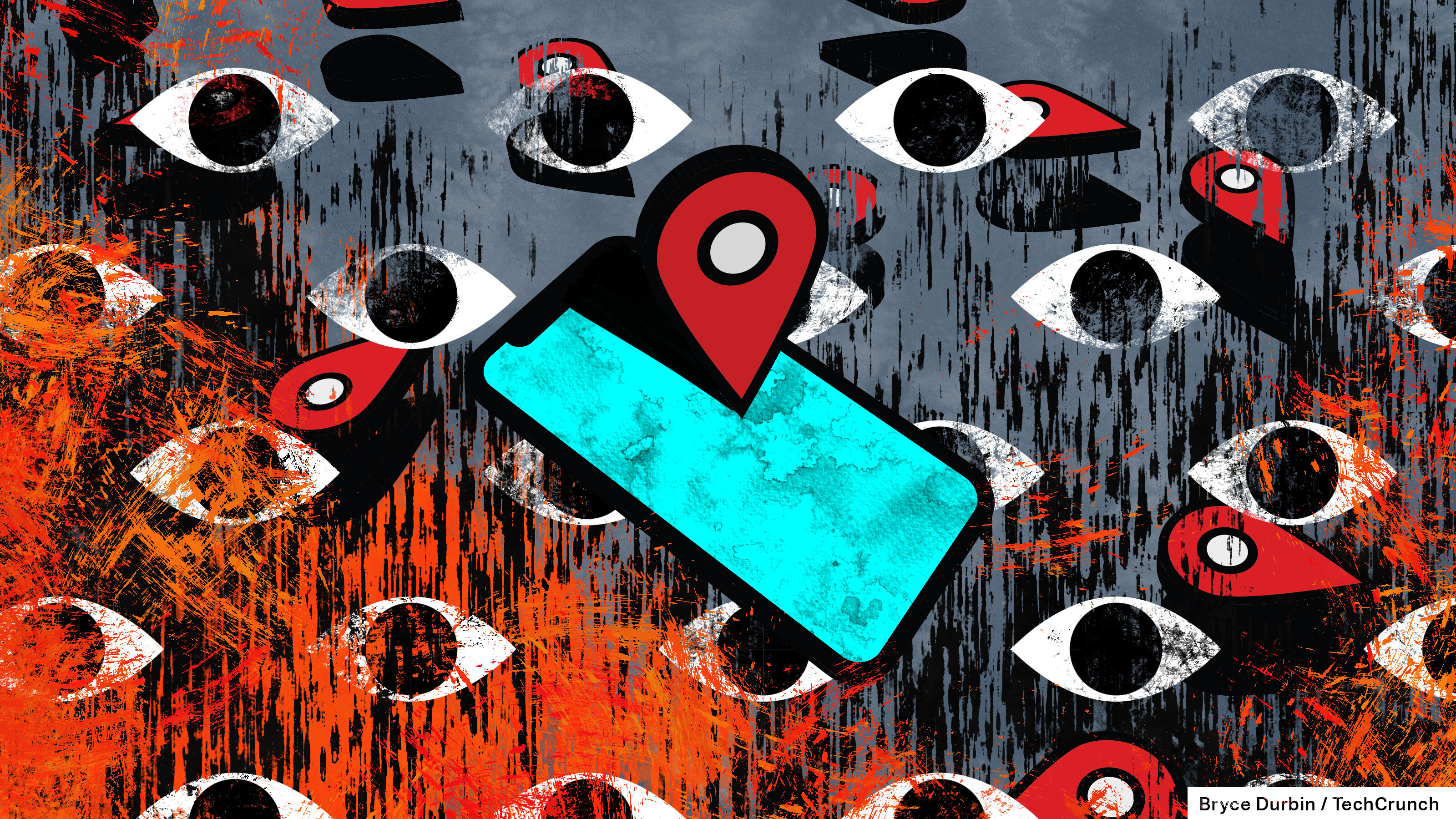 Ilustrasi ponsel menyala biru dengan penunjuk lokasi di atasnya, dengan latar belakang mata merah dan biru yang bergerak.
