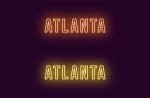 Neon name of Atlanta city in USA. Vector text of Atlanta, Neon inscription with backlight in Bold style, orange and yellow colors. Isolated glowing title for decoration. Without overlay mode