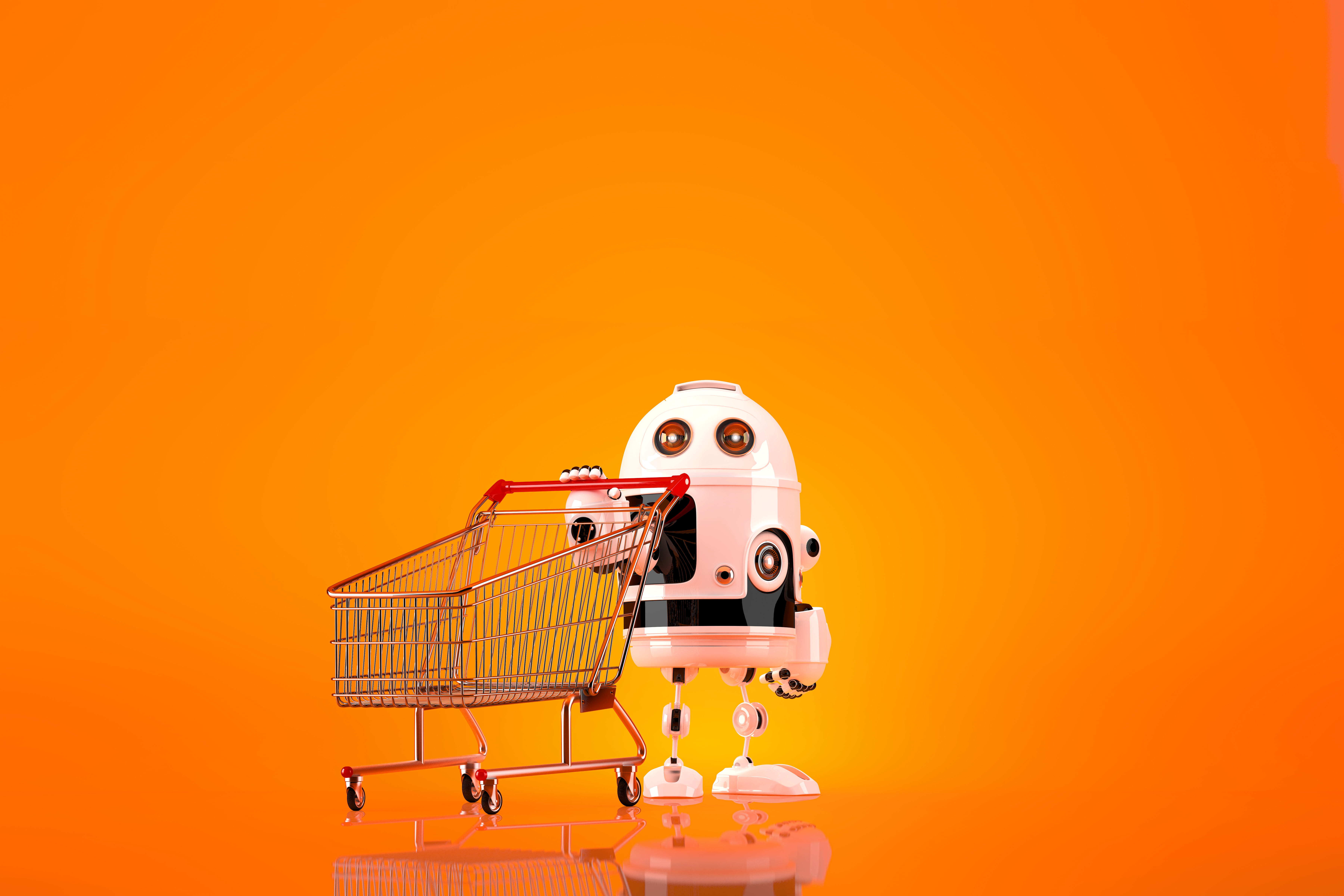 Image of a robot with a shopping cart on an orange background.