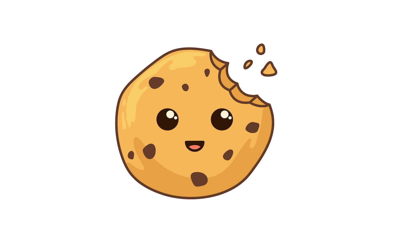 Kawaii cookie vector illustration.  Kawaii Japanese chocolate chip cookie with eyes and mouth.  Flat character isolated on white background.