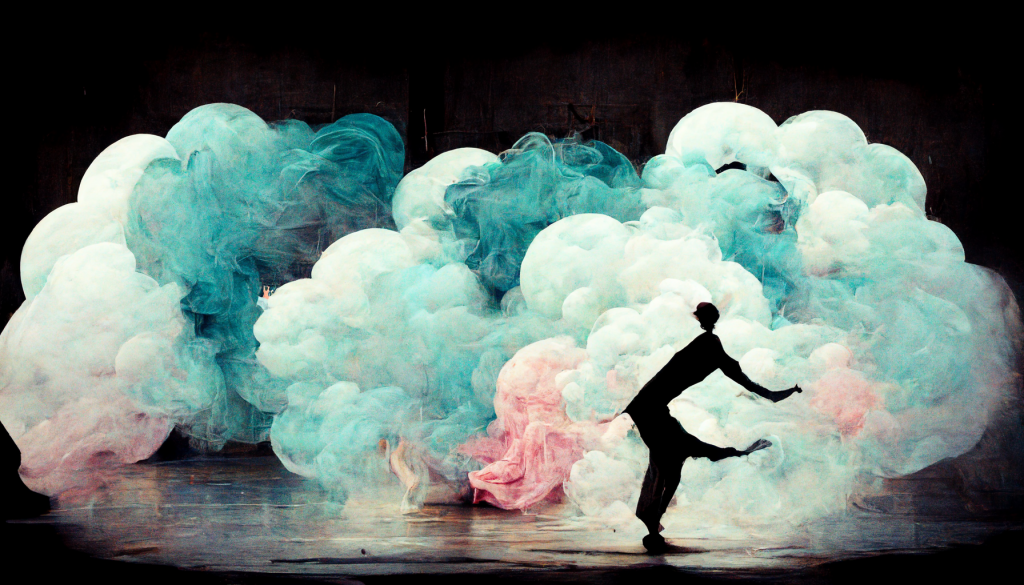 AI-generated image: A man dances like Prozac is a cloud of laughter.
