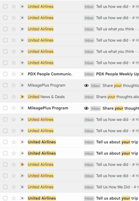 List of emails asking for customer feedback from United Airlines