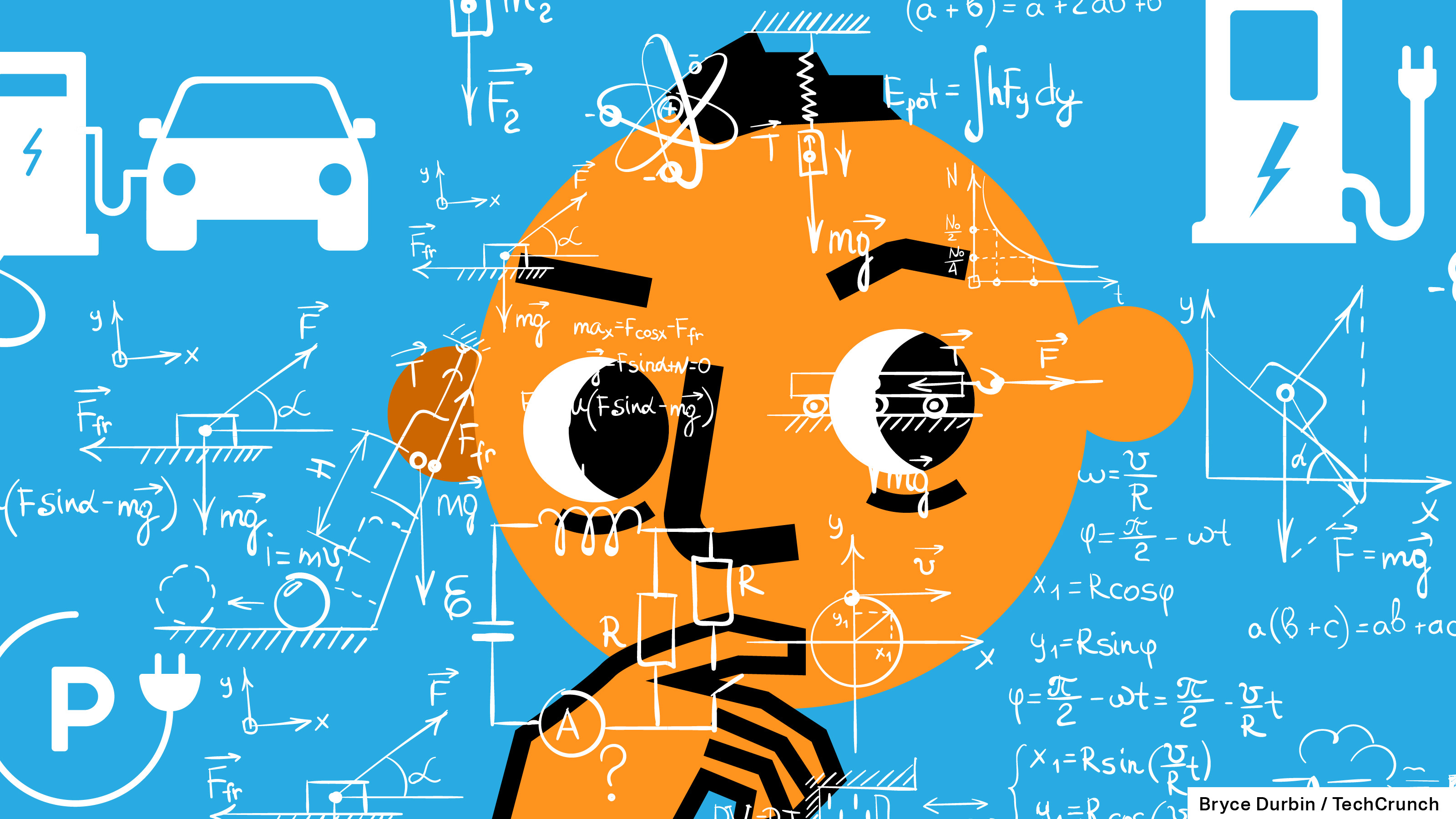 Ilustración de un hombre pensando con números e iconografía EV a su alrededor.