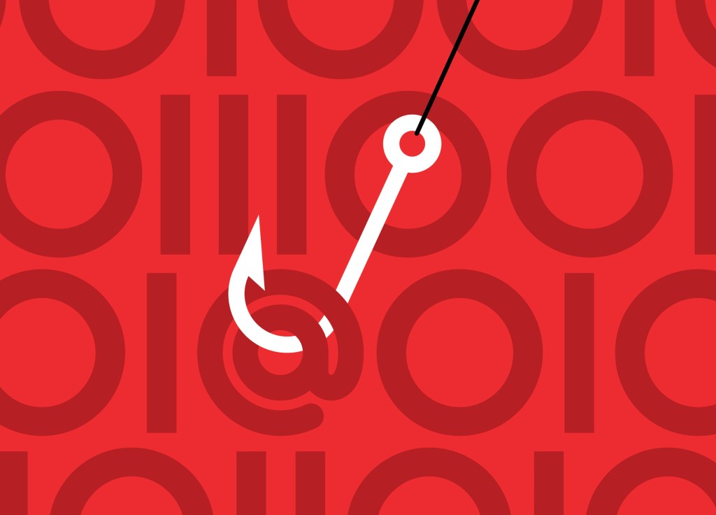 A fishing hook on a line on a red background featuring thick zeros and ones, representing binary code.