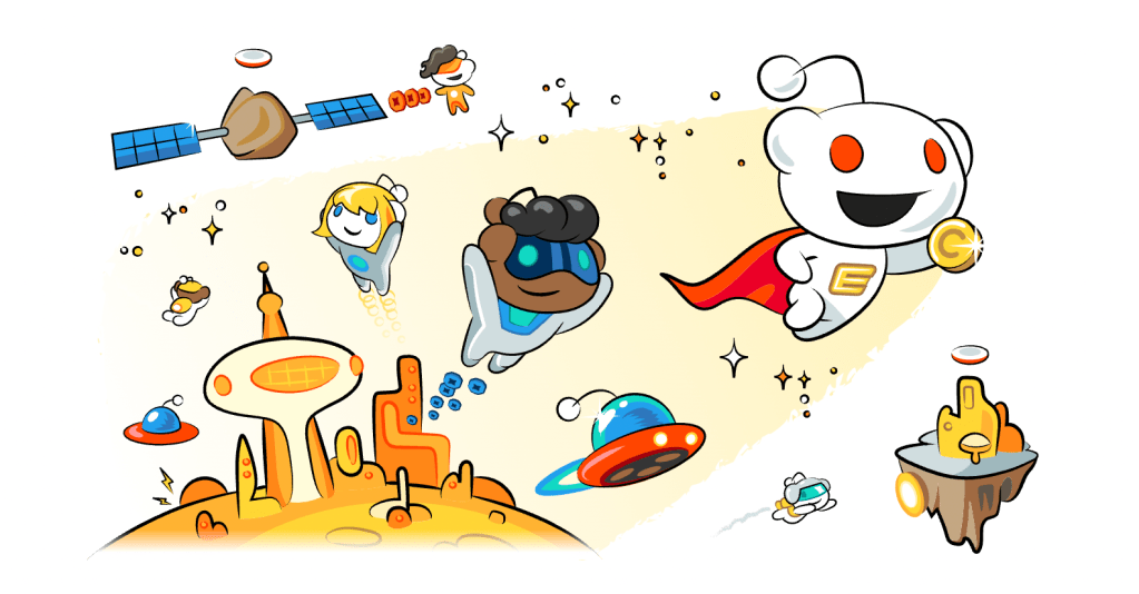 Reddit cartoon avatars wearing capes and flying around