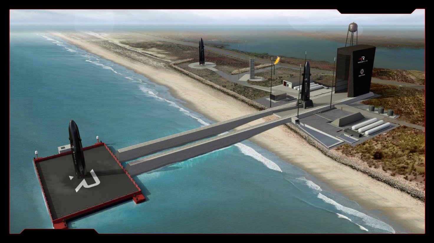 rendering of rocket launch facility at the beach