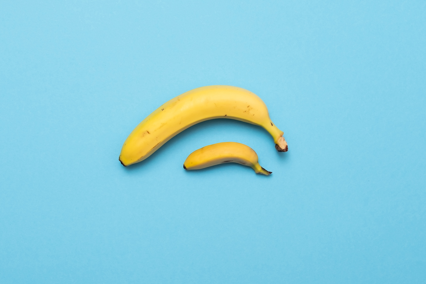 bébé banane comparer la taille avec la banane sur fond bleu.  concept de taille de pénis