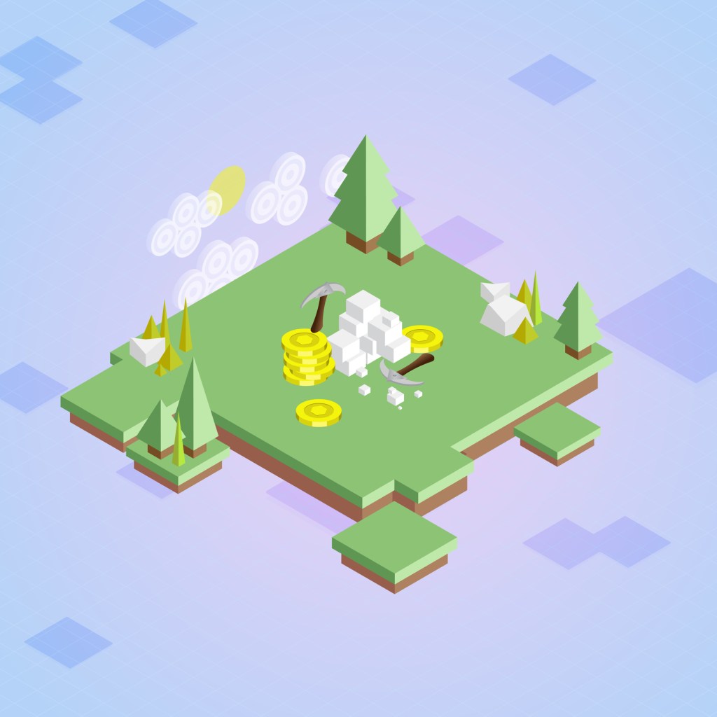 Isometric nature scene with gold mining/crypto mining. Vector. Isolated on background.