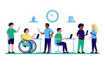 Employee people with disabilities and inclusion work together in office. Disabled different people on wheelchair and with prothesis sit and communicate using laptop. Handicap persons work. Vector