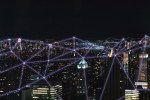 Image of a blockchain network spanning across the New York City skyline.