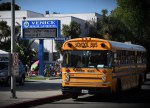 A school bus parked outside a school in Los Angeles.