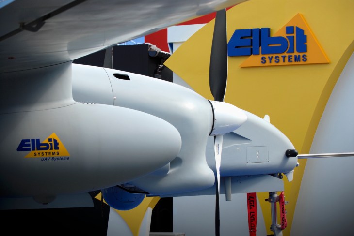 The front of an Elbit Systems drone with a company logo in the background.