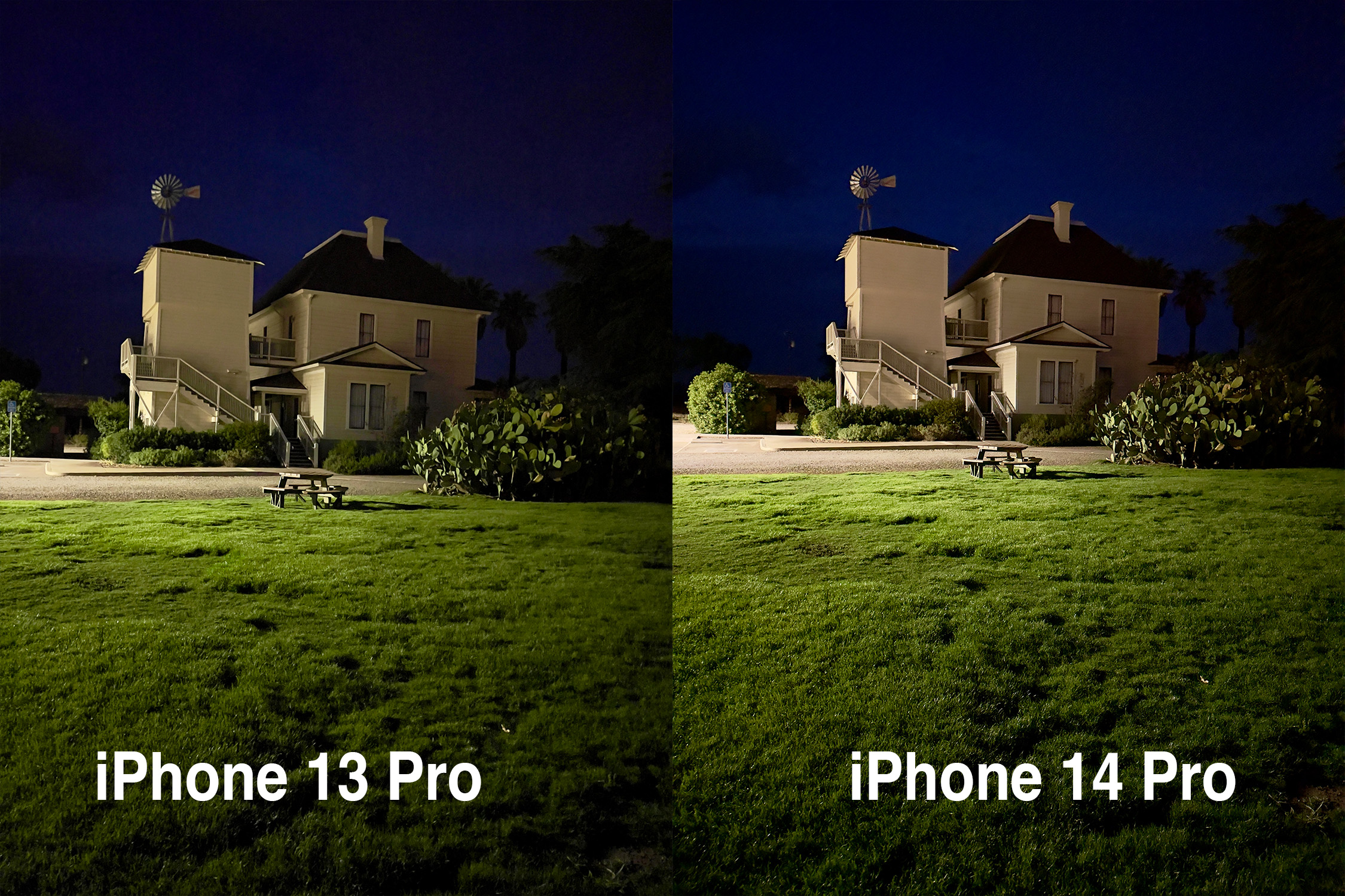 comparison shot of iPhone 13 pro and iPhone 14 pro night mode raw
