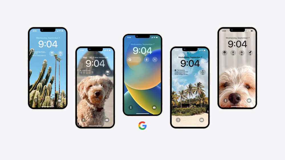 array of smartphones showing Google iOS 16 Lock Screen widgets