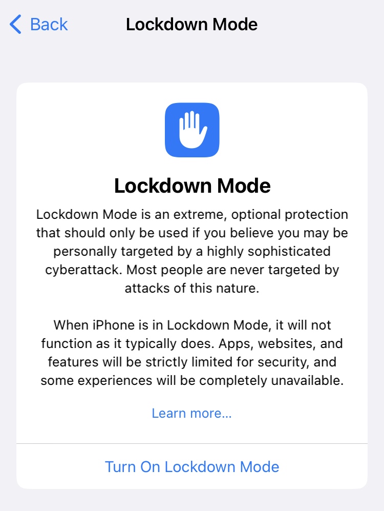 A screenshot of Lockdown Mode in iOS 16, which blocks certain iOS features that are sometimes abused by spyware from working.
