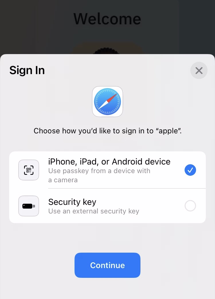 A screenshot showing a new log-in method on an Apple website, which lets you use your device as a "passkey."