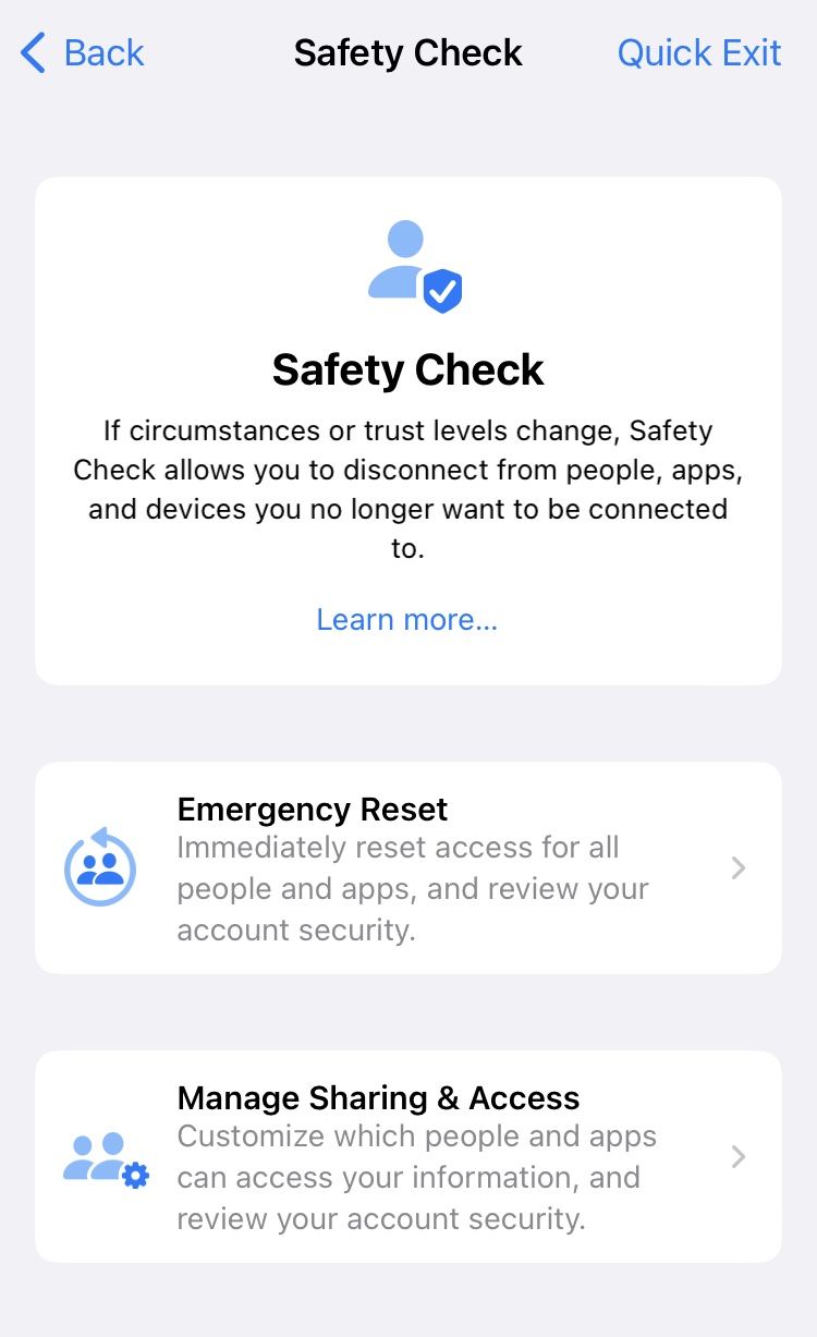 A screenshot of Safety Check, a new feature that lets you to disconnect from people, apps and devices "if circumstances or trust levels change."