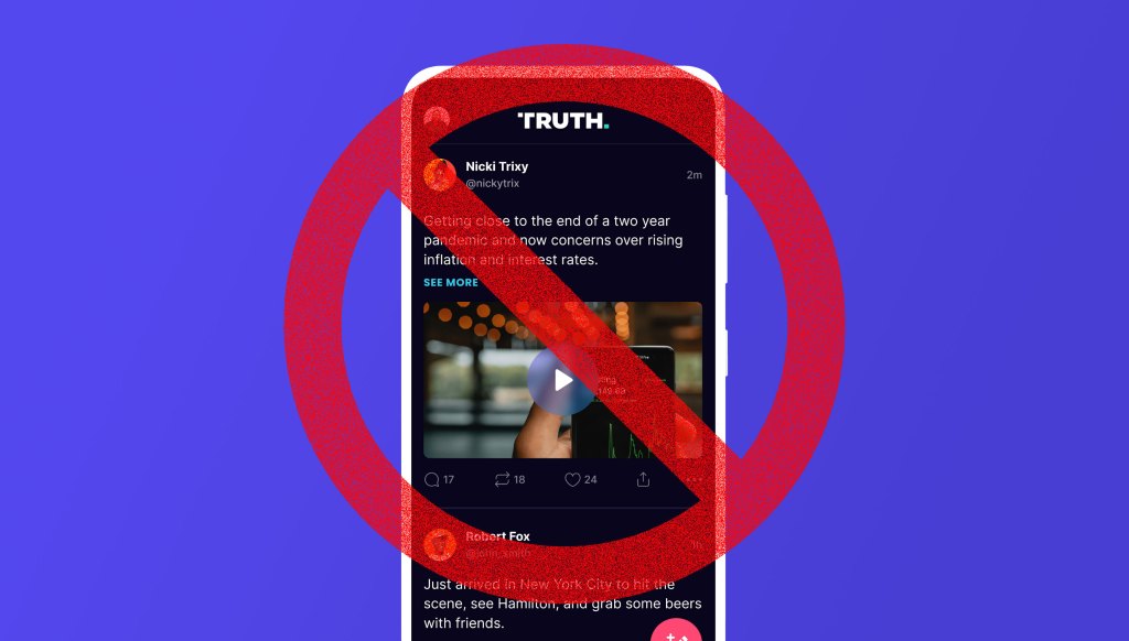Truth Social app with crossed-out symbol over it