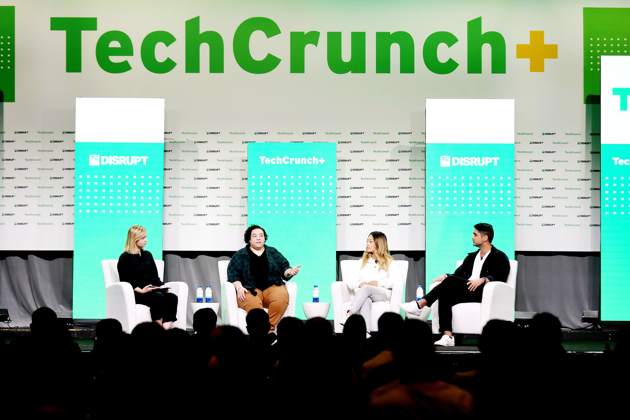 Rebecca Szkutak, senior writer at TechCrunch+;  Amanda DoAmaral, Co-Founder and CEO, Fiveable;  Sara Du, Co-Founder and CEO, Alloy Automation;  and Arman Hezarkhani, Founder and CEO, Parthean speaking on stage at TechCrunch Disrupt 2022.