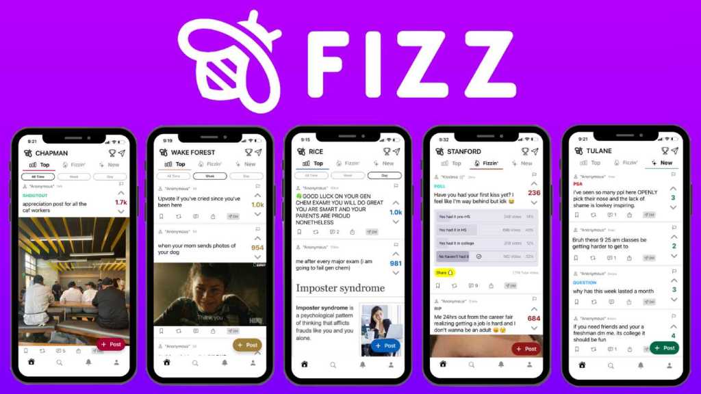 Fizz logo and sample images of app on 5 mobile phones