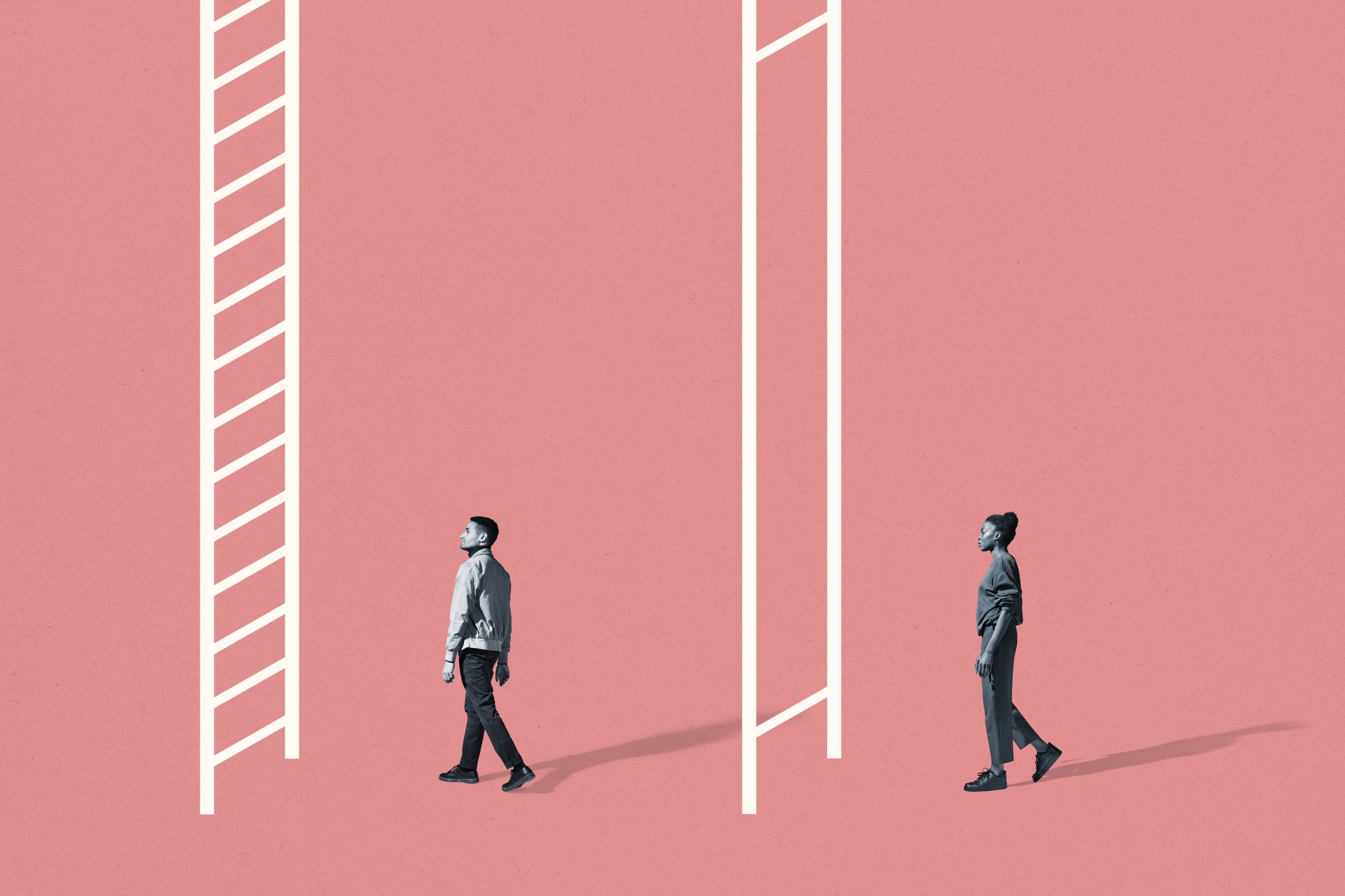 Side view of young man and woman walking towards white ladders on coral background