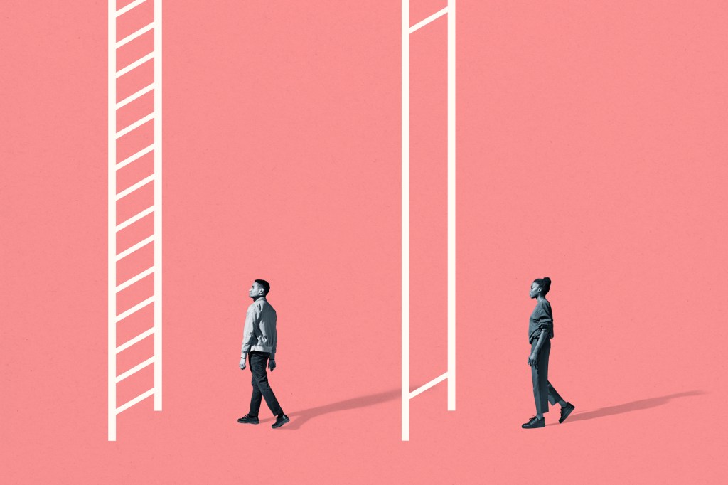 Full length side view of young man and woman walking towards white ladders against coral background