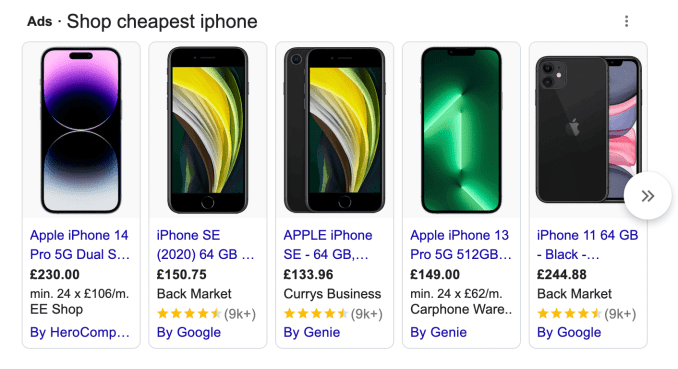 Google Shopping Unit showing ads for iPhones