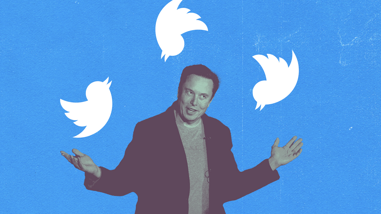 Elon Musk collaged with Twitter logos
