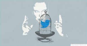 Elon Musk gazing at a twitter bird in a cage