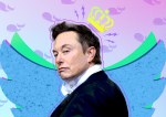 Elon Musk with a crown in front of Twitter logo wings