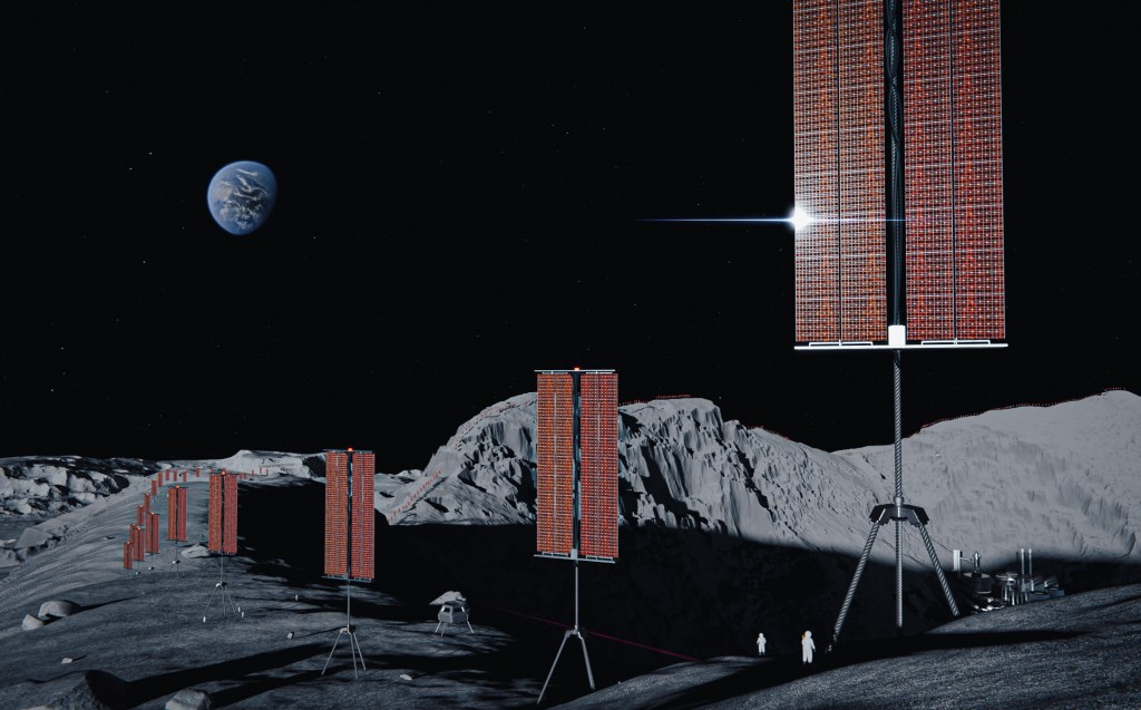 illustration of solar panels on masts on the surface of the moon