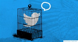 twitter logo in a cage with a red word balloon