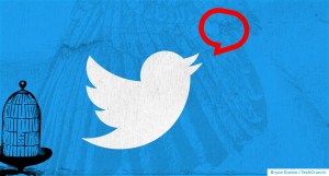 twitter logo escaping a cage with a red word balloon