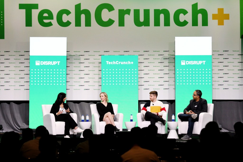 TechCrunch's Mary Ann Azevedo; Ruth Foxe Blader, partner at Anthemis; Eric Glyman, co-founder and CEO of Ramp; and Thejo Kote, founder and CEO of Airbase speak onstage during TechCrunch Disrupt 2022.