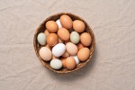 Multi Colored Chicken Eggs in a Basket on Beige Colored Linen Tablecloth.