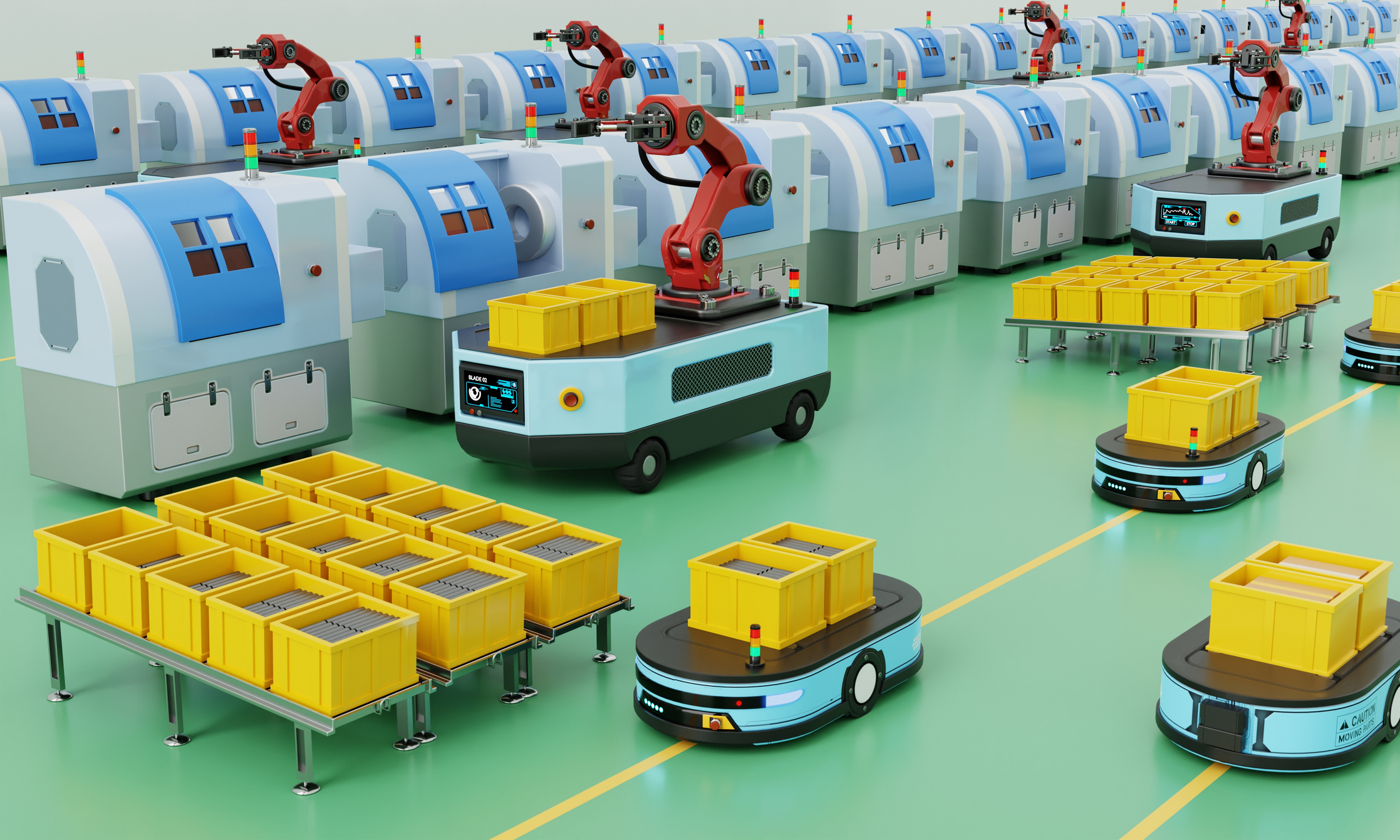 Automated mass production line using robots and automated machines that run by themselves. which are impossible to control by humans. Automation technology for business and industry. 3D illustration rendering